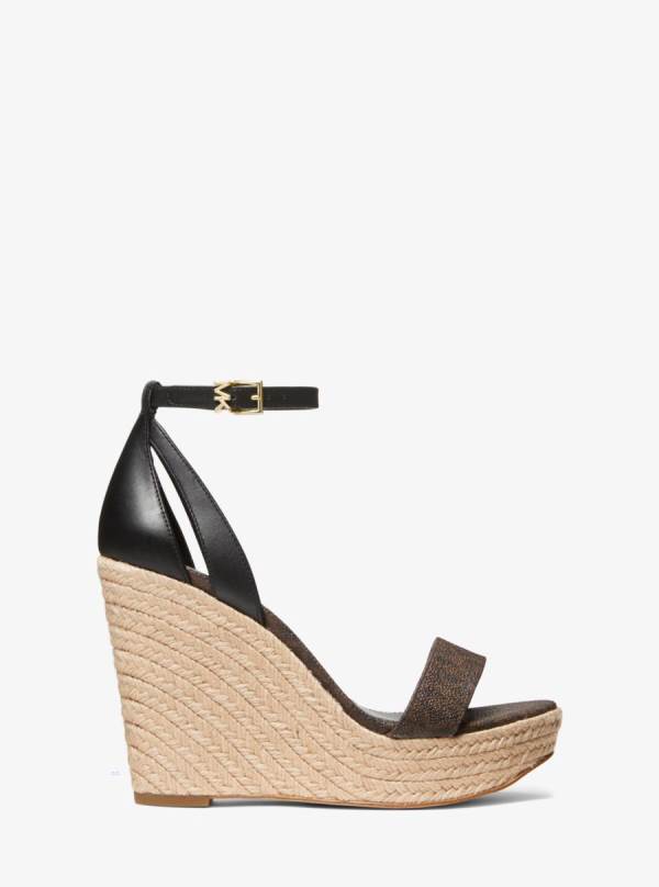 Damske Sandále Michael Kors Kimberly Logo and Leather Wedge Hnede - Topanky Michael Kors Slevy | RTXHK-3190